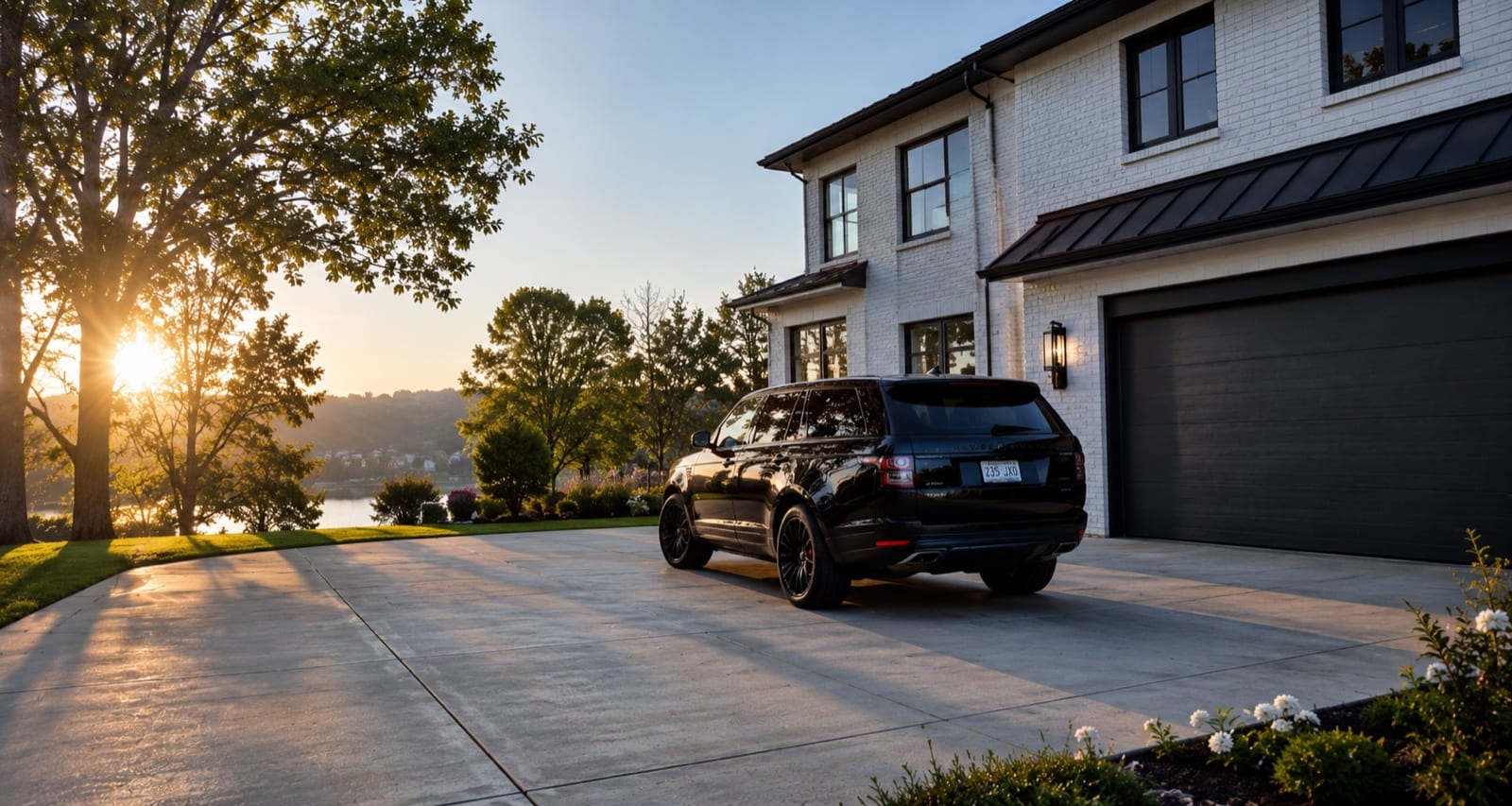 Black luxury SUV parked at a Prior Lake home at golden hour
